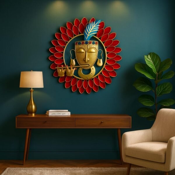 pranjals house Metal Krishna Playing Basuri Round Frame Wall Hanging For Decor (23" Multicolour)