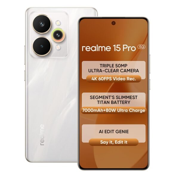 realme 15 Pro 5G Smartphone 8+128GB Silver,4K 60FPS,144Hz HyperGlow 4D Curve Display,7000mAh Battery,80W SuperVOOC, Camera Triple 50MP, Snapdragon 7 Gen 4, IP69