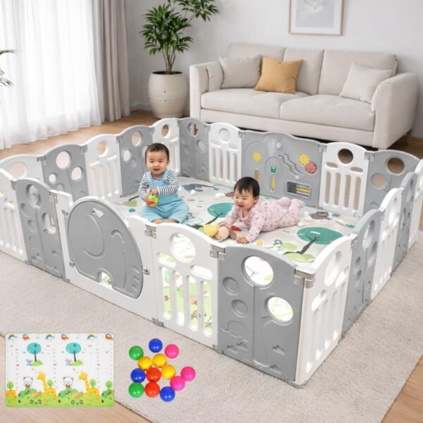 16 panel Playpen for Babies upto 5 year with Mat and Balls Foldable Baby Play Area Indoor Setup Play Yard Fence for Toddlers Kids Playarea Setup Outdoor Children Play Pen with Gate Baby Playpen (5*6 FT=30 SQFT, Grey)