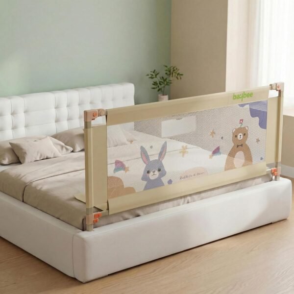 BAYBEE Stainless Steel Baby Bed Rail Guard (150x80cm), Bedrail for Baby Safety with 28 Height Adjustable, Portable Bed Side Protector for Babies Falling | Foldable Single Bed Railing, 1 Side, (Beige)