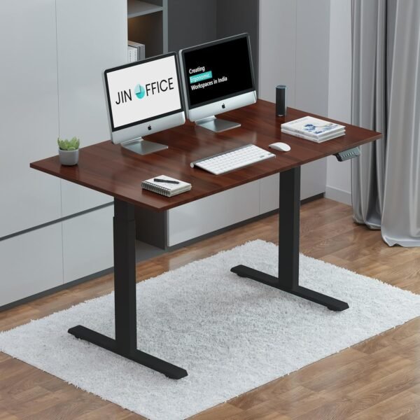 JIN OFFICE Zenith Electric Height Adjustable Table| Standing Desk with 100 Kg Wt. Capacity & 3 Year Warranty| Ergonomic Desk| Sit Stand Table with 3 Memory Preset| Black & Brown|1200X750mm/25MM Thick