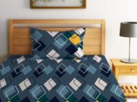 LOOMLYFE 300 TC Cotton Feel Glace Elastic Fitted Printed Single Bed Bedsheet with 1 Pillow Cover Fits Upto 6 Inches Mattress,Size- 42X75X8 Inches, NavySquare