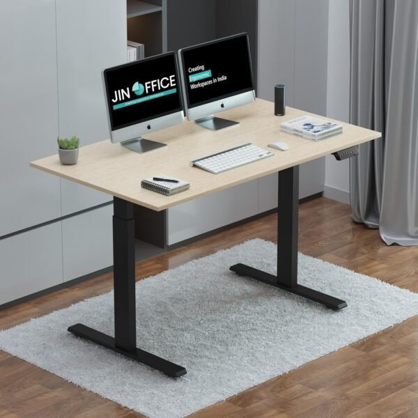 JIN OFFICE Zenith Electric Height Adjustable Table| Standing Desk with 100 Kg Wt. Capacity & 3 Year Warranty| Ergonomic Desk| Sit Stand Table with 3 Memory Preset| Black & Maple|1200X750mm/25MM Thick