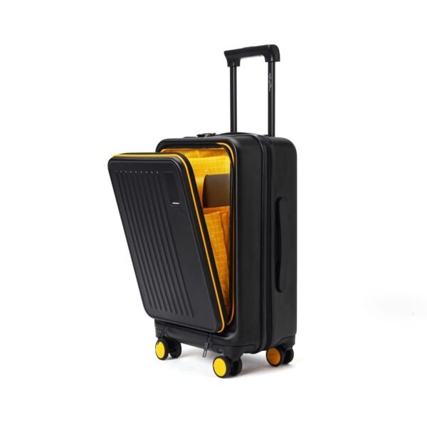 MOKOBARA Polycarbonate The Transit Cabin Pro Luggage Small Cabin Size Poly-Carbonate Hard Sided 8 Hinomoto Wheels Suitcase for Travelling (Black & Yellow, 56 cm)