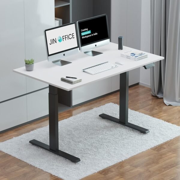 JIN OFFICE Zenith Electric Height Adjustable Table| Standing Desk with 100 Kg Wt. Capacity & 3 Year Warranty| Ergonomic Desk| Sit Stand Table with 3 Memory Preset| Black & White|1200X750mm/25MM Thick