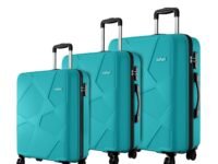 Safari Pentagon Pro 8 Wheels Set of 3 (Cabin + Medium + Large) Trolley Bags, Hard Case Polypropylene, 360º Wheeling Luggage, Suitcase for Travel, Cyan, Spinner Wheels