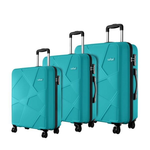 Safari Pentagon Pro 8 Wheels Set of 3 (Cabin + Medium + Large) Trolley Bags, Hard Case Polypropylene, 360º Wheeling Luggage, Suitcase for Travel, Cyan, Spinner Wheels
