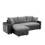 Sofa Cum Bed, Modern Sectional Sofa Bed with Pulled Out Bed, Reversible Sleeper Sofa with Reversible Chaise with Storage and 2 Stools-33'' H x 92.5'' W x 58'' D (Wood,Grey with Black)