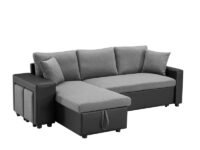 Sofa Cum Bed, Modern Sectional Sofa Bed with Pulled Out Bed, Reversible Sleeper Sofa with Reversible Chaise with Storage and 2 Stools-33'' H x 92.5'' W x 58'' D (Wood,Grey with Black)