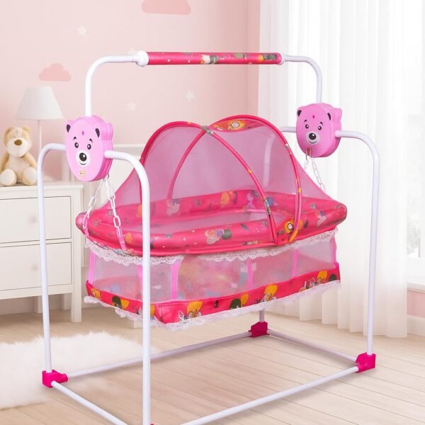 FLIPZON Premium New Born Baby Cradle with Swing & Mosquito Net | 0-13 Months | Wheels | Safety Belt with Lock | Sturdy & Safe | Polypropylene/Mild Steel | J1-Pink