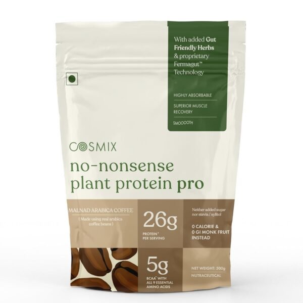 Cosmix No-Nonsense Plant Protein PRO 26g Protein | Yeast Protein & Pea Protein Blend | Malnad Arabica Coffee, 500g Pouch x 1 | Clean, Easy to Digest