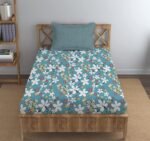 LOOMLYFE 300 TC Cotton Feel Glace Elastic Fitted Printed Single Bed Bedsheet with 1 Pillow Cover Fits Upto 6 Inches Mattress,Size- 42X75X8 Inches, SkyBlueFlower
