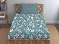 LOOMLYFE 300 TC Cotton Feel Glace Elastic Fitted Printed Single Bed Bedsheet with 1 Pillow Cover Fits Upto 6 Inches Mattress,Size- 42X75X8 Inches, SkyBlueFlower