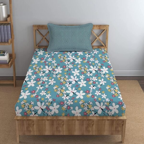 LOOMLYFE 300 TC Cotton Feel Glace Elastic Fitted Printed Single Bed Bedsheet with 1 Pillow Cover Fits Upto 6 Inches Mattress,Size- 42X75X8 Inches, SkyBlueFlower
