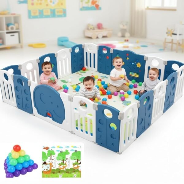 20 panel Playpen for Babies upto 5 year with Mat and Balls Foldable Baby Play Area Indoor Setup Play Yard Fence for Toddlers Kids Playarea Setup Outdoor Children Play Pen with Gate Baby Playpen(7 * 6 ft=42 SQFT, Blue)