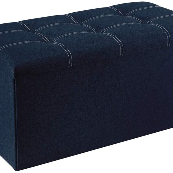 30 Inches Storage Ottoman, Long Shoes Sofa Bench, Fabric Linen Footrest Stool for Laundry, Storage Space, End Bed Storage Seat, Toys Storage Organizer Bin Box with Lidded (Blue, 76X38X38 CM)