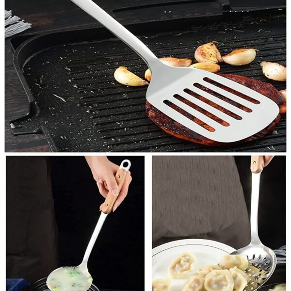 6 Piece Kitchen Cooking Stainless Steel Utensils Set Wooden Handle Cooking Tools Gadgets Spatula Set with Hook,Shovel,Slotted Turner,Slotted Skimmer,Ladle,Rice Spoon and Cooking Spoon