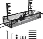 ABJA Under Desk Cable Management Tray, Wire Organiser for Table, Cable Organiser for Desk, No Drill Metal Mesh Tray with Clamps, Includes Ties & Cable Clips for Home/Office (Black 1, 39 x 12 x 7 cm)