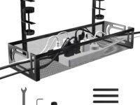 ABJA Under Desk Cable Management Tray, Wire Organiser for Table, Cable Organiser for Desk, No Drill Metal Mesh Tray with Clamps, Includes Ties & Cable Clips for Home/Office (Black 1, 39 x 12 x 7 cm)