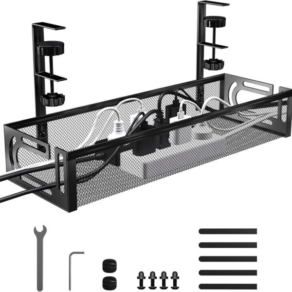ABJA Under Desk Cable Management Tray, Wire Organiser for Table, Cable Organiser for Desk, No Drill Metal Mesh Tray with Clamps, Includes Ties & Cable Clips for Home/Office (Black 1, 39 x 12 x 7 cm)