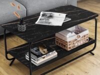 ABOUT SPACE Coffee Table - 2 Tier Space Saving Living Room Furniture Lightweight DIY Sofa Table Center Table with Metal Frame & Adjustable Bushes for Home, Office (Black Marble-L 92.5 x B 47 x H 48cm)