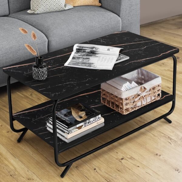 ABOUT SPACE Coffee Table - 2 Tier Space Saving Living Room Furniture Lightweight DIY Sofa Table Center Table with Metal Frame & Adjustable Bushes for Home, Office (Black Marble-L 92.5 x B 47 x H 48cm)