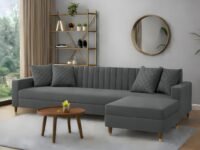 AMATA Elegant Solid Wood 4 Seater L Shape Grey Suede Velvet Sofa Set with Four Cushions Perfect for Home Office Guests Living Room (02 Camel, L Shape)(03 Year Warranty)