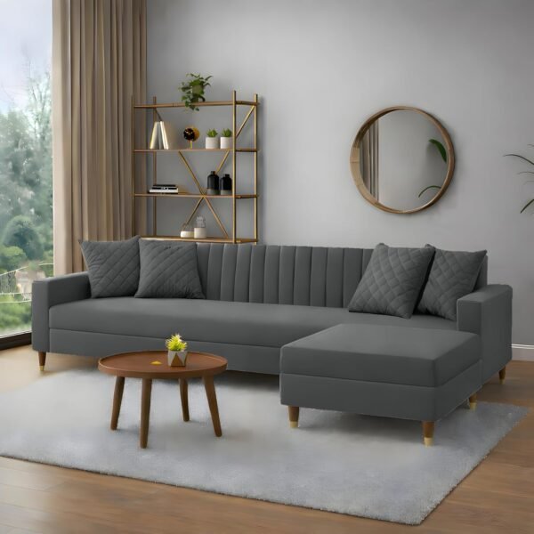 AMATA Elegant Solid Wood 4 Seater L Shape Grey Suede Velvet Sofa Set with Four Cushions Perfect for Home Office Guests Living Room (02 Camel, L Shape)(03 Year Warranty)
