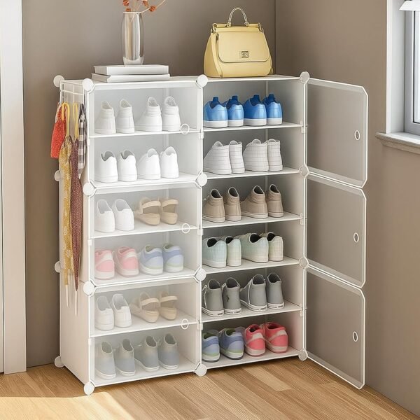 AYSIS Plastic Shoe Rack for Home | 𝟏𝟐 𝐒𝐡𝐞𝐥𝐟 Shoe Rack with Door 𝐌𝐚𝐠𝐧𝐞𝐭𝐬 for Home Storage Plastic Box Organizer, Metal Door Frame, Chappal Slipper Sandals Stand (White, 12-Shelf-6-Door)
