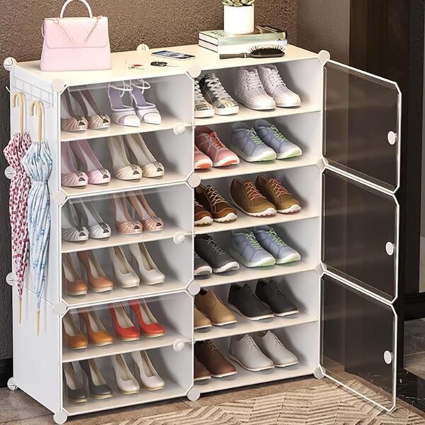 AYSIS Shelf Shoe Rack Box Plastic Shoe Rack for Home Plastic Shelves, Plastic Home Shoes Storage, PP Cabinets with Metal Door Frame, Chappal Slipper Shoe Stand (White, 12-SHELF-6-DOOR)
