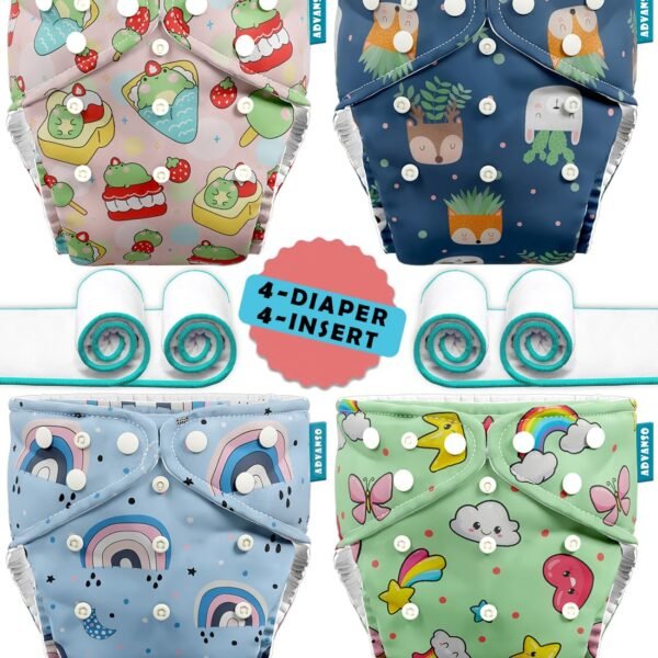 Advanso Leakage Proof cloth diapers for babies, high absorbent 4 reusable diaper 4 insert pad combo pack washable cloth diaper free size 5-18kg adjustable pocket cover 42