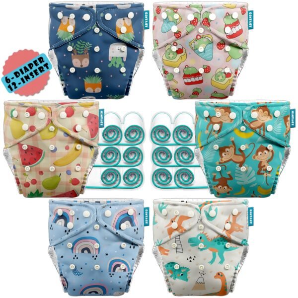 Advanso Leakage Proof cloth diapers for babies, high absorbent 6 reusable diaper 12 insert pad combo pack washable cloth diaper free size 5-18kg adjustable pocket cover P87