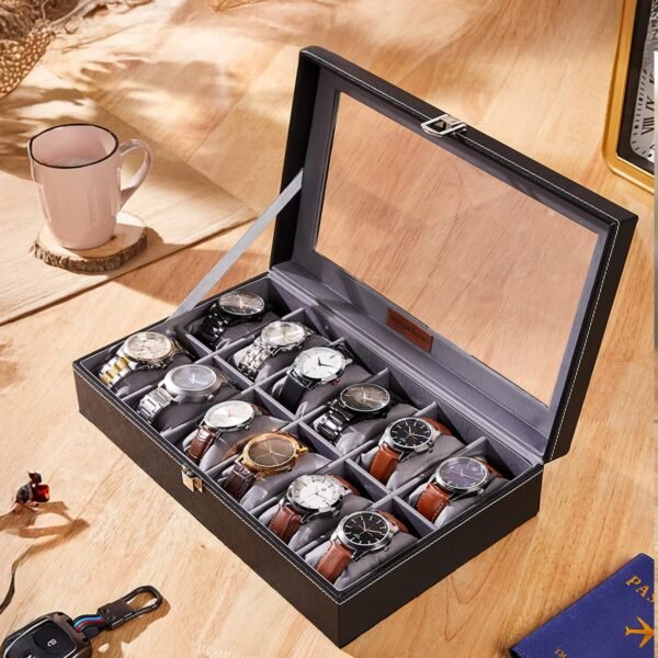 Amazon Basics Unisex Faux Leather Watch Organiser Box with 12 Slots |Watch Organiser with Transparent Lid (Black)