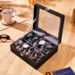 Amazon Basics Unisex Faux Leather Watch Organiser Box with 8 Slots | Watch Organiser with Transparent Lid (Black)