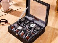 Amazon Basics Unisex Faux Leather Watch Organiser Box with 8 Slots | Watch Organiser with Transparent Lid (Black)