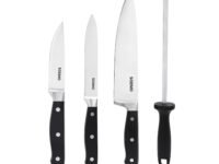 Amazon Brand - Solimo Premium High-Carbon Stainless Steel Kitchen Knife Set, 4-Pieces (with Sharpener), Silver