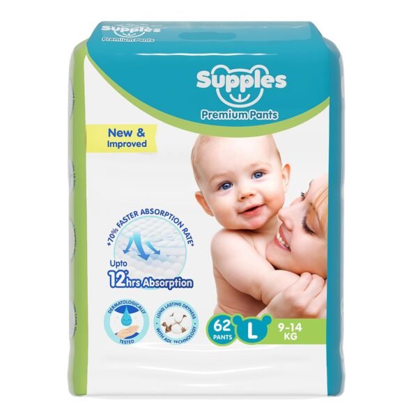 Amazon Brand - Supples Premium Baby Diaper Pants | 62 Baby Diapers | Large | 9-14 Kg | 12 Hrs Absorption | Cushiony Cotton Soft Fabric | Phthalates-Free | Triple Leak Guard