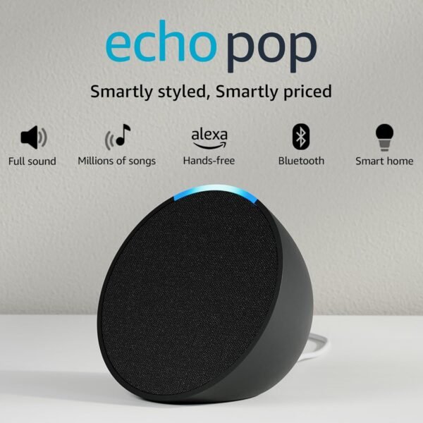 Amazon Echo Pop| Smart speaker with Alexa and Bluetooth| Full sound, balanced bass, crisp vocals| Black