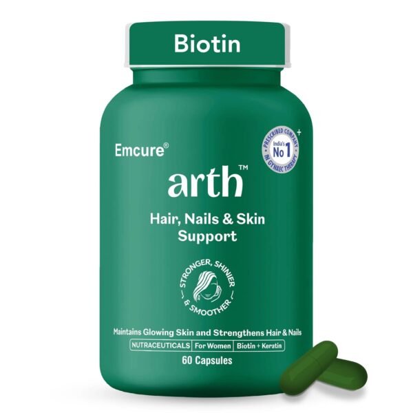 Arth Biotin Capsules For Hair Growth, Skin & Nails - 60 Veg Capsules for Men & Women | Vitamin A, B, D3, Folic Acid, Keratin Builder & Hyaluronic Acid | Supplement For Healthy Hair, Nails & Skin