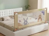 BAYBEE Stainless Steel Baby Bed Rail Guard (150x80cm), Bedrail for Baby Safety with 28 Height Adjustable, Portable Bed Side Protector for Babies Falling | Foldable Single Bed Railing, 1 Side, (Beige)