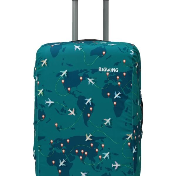 BIGWING Protective Cover in Polyester Fabric with Map Print for | 20' Inch 55 cm Small Size | Hard Luggage Trolley Bag Cover (Fits Only On Fiber - Plastic Trolley Bag) Turquoise Color