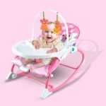 Baby Rocker Chair Comfortable & Soothing Bouncer for Newborns. Multi-Position Recline, Vibrations, Removable Toys. Portable Design with Removable Food Tray-Pink Color