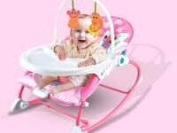 Baby Rocker Chair Comfortable & Soothing Bouncer for Newborns. Multi-Position Recline, Vibrations, Removable Toys. Portable Design with Removable Food Tray-Pink Color