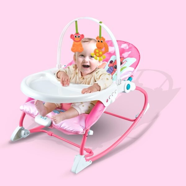 Baby Rocker Chair Comfortable & Soothing Bouncer for Newborns. Multi-Position Recline, Vibrations, Removable Toys. Portable Design with Removable Food Tray-Pink Color