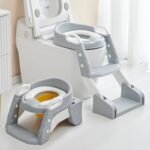 Baybee Vega 3 In 1 Western Toilet Potty Seat For Kids, Baby Potty Training Seat Chair With Splash Guard, Handle, Ladder & Cushion Seat | Kids Toilet Seat | Potty Seat For 1-8 Years Child (Grey)