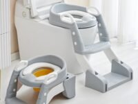 Baybee Vega 3 In 1 Western Toilet Potty Seat For Kids, Baby Potty Training Seat Chair With Splash Guard, Handle, Ladder & Cushion Seat | Kids Toilet Seat | Potty Seat For 1-8 Years Child (Grey)