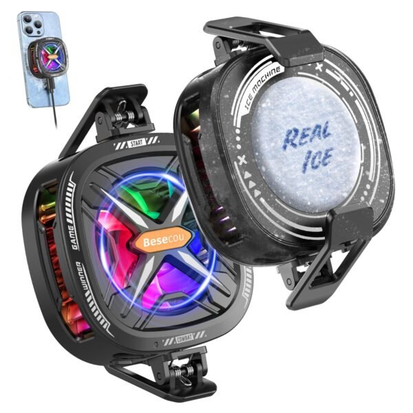 Besecou Magnetic mobile Cooler for Gameing with 3 Cooling Modes, Rgb Phone Cooler, Seven fan blades, Advanced Tech Cooling Chip, Compatible for Android and Ios devices, Silent and Portable, USB Port