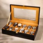 Birch & Co. Watch Box Organizer – 12 Slot Display Case with Glass Lid, PU Leather, Soft Velvet Interior – Elegant Storage for Men’s & Women’s Watches, Jewelry & Accessories – Gift-Ready Case, Black