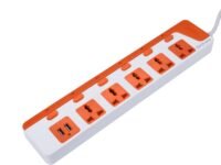 BonKaso 5-Socket Power Strip with Dual USB - 5 AC Sockets, 2 USB, 1.5m Cord Length, 1500 W, Compact 26cm Size, Ultra-Light 500g (White & Orange)