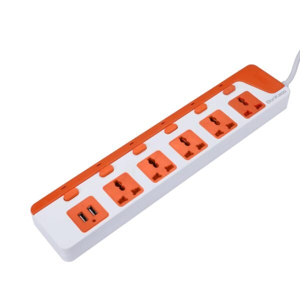 BonKaso 5-Socket Power Strip with Dual USB - 5 AC Sockets, 2 USB, 1.5m Cord Length, 1500 W, Compact 26cm Size, Ultra-Light 500g (White & Orange)